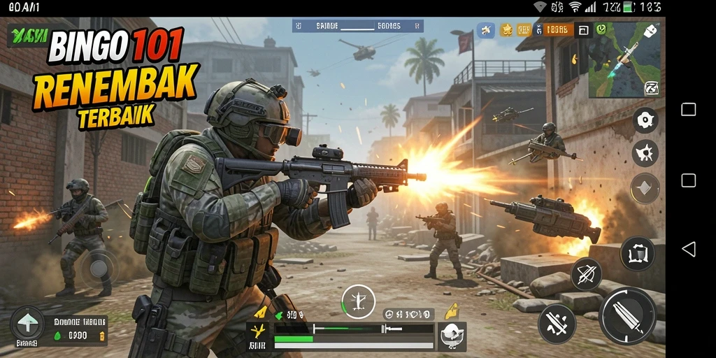 Screenshot gameplay BINGO101 dengan aksi tembak-menembak yang seru.