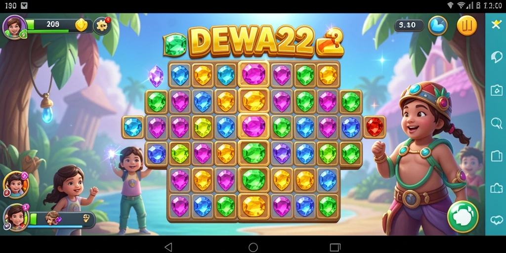 Tangkapan layar utama DEWA22 menampilkan gameplay Match-3 yang penuh warna.