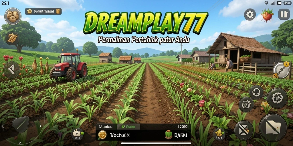 Screenshot gameplay <strong>DREAMPLAY77</strong> menampilkan suasana pertanian yang ceria dan penuh warna.