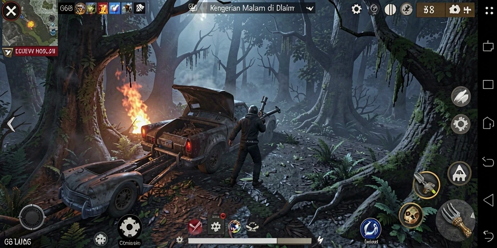 Screenshot G668 yang menampilkan aksi menakutkan di hutan gelap.