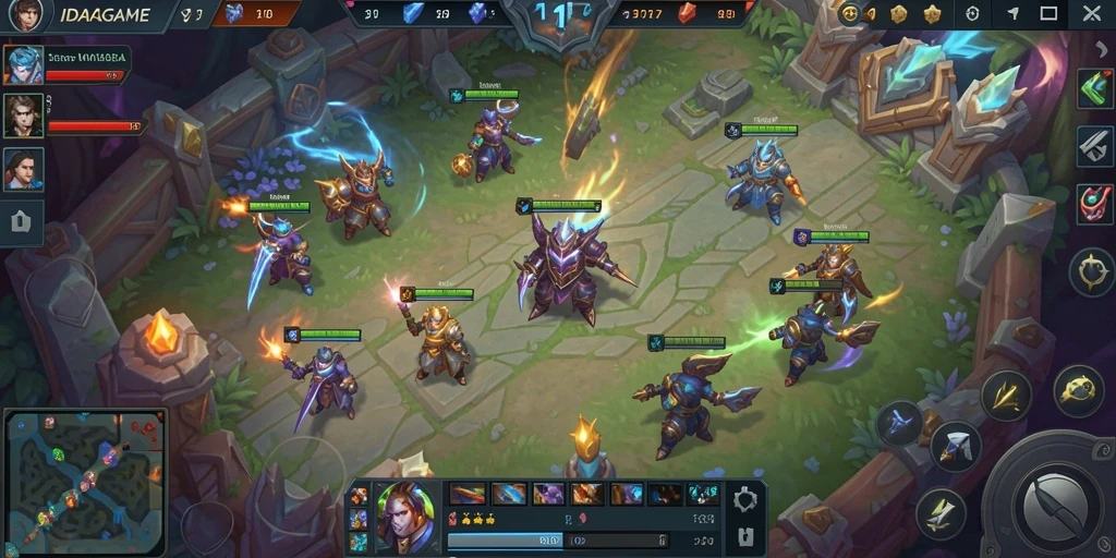 Screenshot gameplay <strong>IDAGAME</strong> menunjukkan pertempuran tim yang seru dan strategi MOBA.