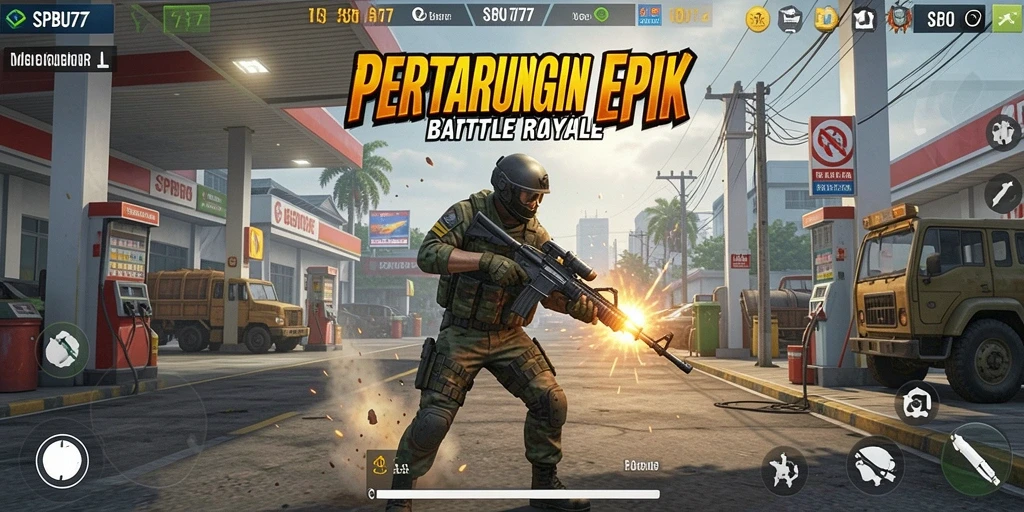 Screenshot SPBU77 menampilkan pertarungan seru di arena Battle Royale.
